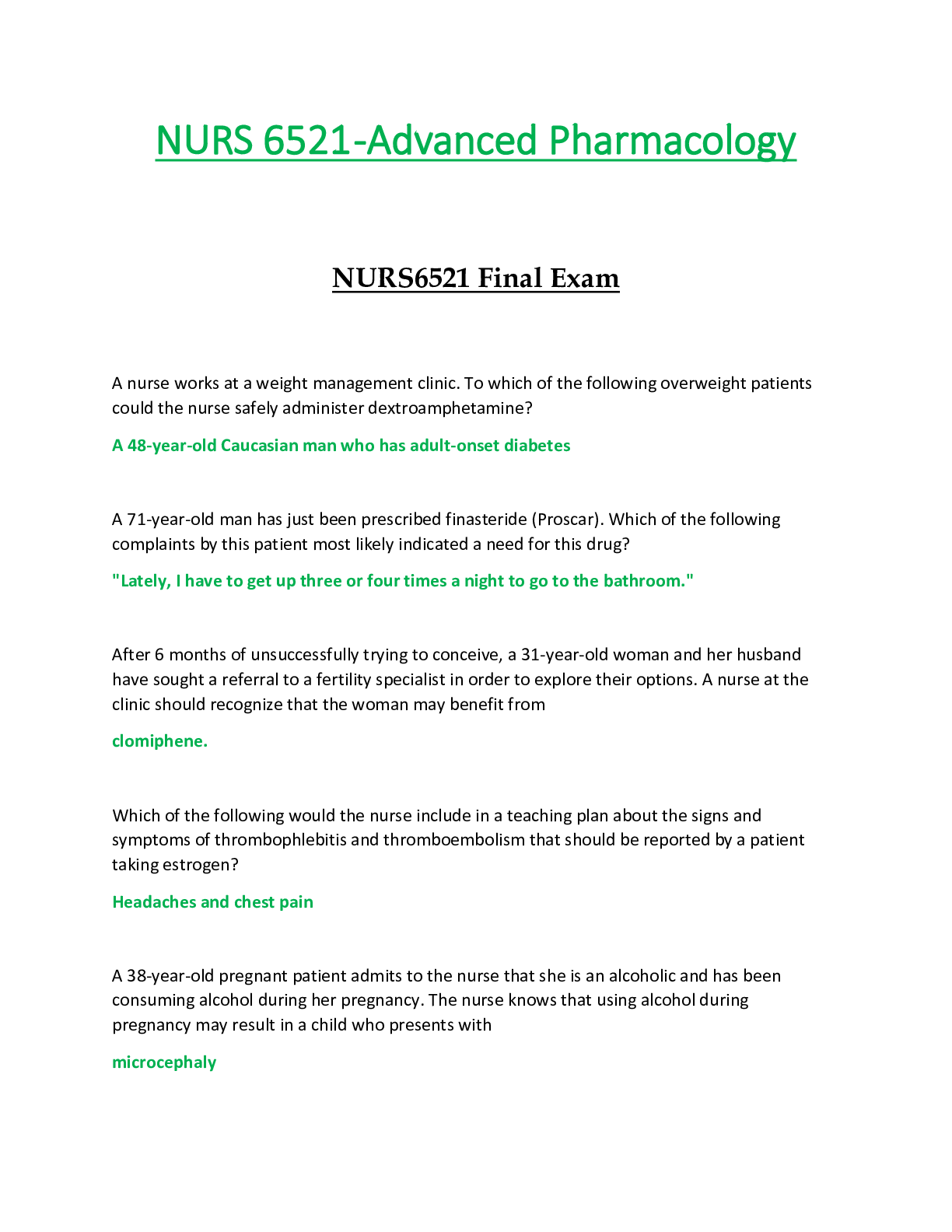 Preview of NURS6521 / NURS 6521 Final Exam (Latest): Advanced Pharmacology - Walden